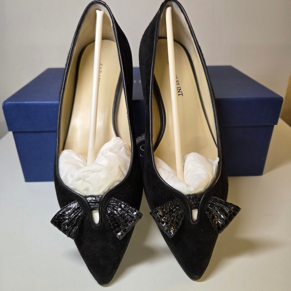 Sarah Flint Lana Black Suede Pointed Toe‎ Snake Skin Bow Flats Size 35 EU Italy